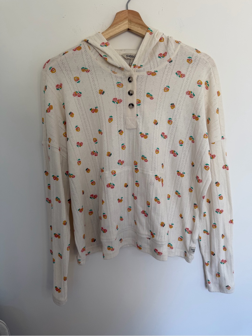 Toad&Co Cream Hooded Henley Sweatshirt with Multicolor Floral flowers